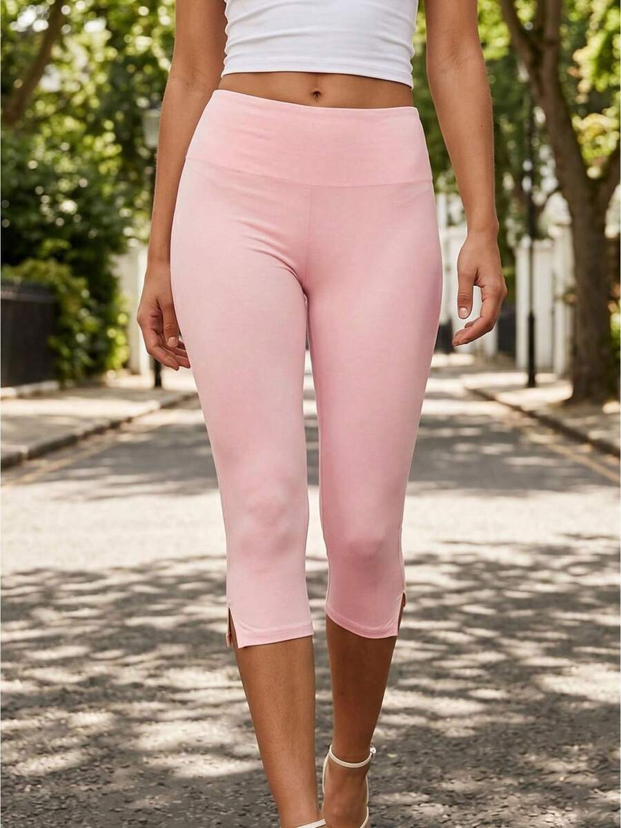 Women's Split Hem Capri Pants - Fold Over Waist Solid Color Fitted Cropped Pants For Summer Daily - 粉色 - 查看 1