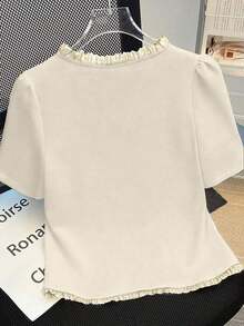 2026 Everyssa Camiseta de mujer con elegante acabado de encaje en contraste de colores, para verano - Beis - Ver 2