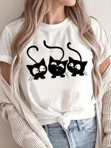 Camiseta de manga corta para mujer con estampado de gato lindo, tejido de poliéster% con un de elasticidad, transpirable y cómoda, para todas las estaciones - Blanco - Ver 6