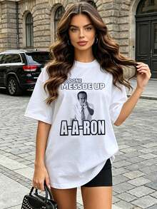 Camiseta de manga corta con cuello redondo suave y casual para mujer, ideal para el verano. El estampado gráfico "Ya lo hiciste mal, Aaron" es perfecto para los amantes de los memes en primavera y verano. Blanca. - Blanco - Ver 3