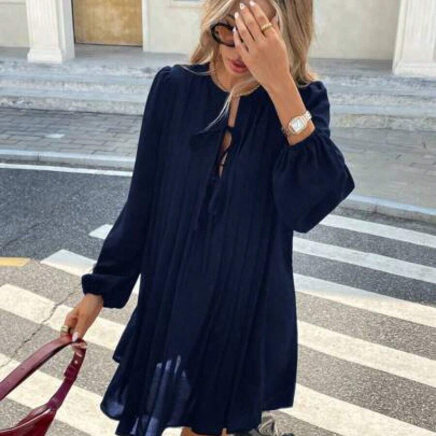 Vestido de manga larga a rayas, estilo francés, plisado, vestido negro de mujer de manga larga de temporada, ropa de mujer retro, elegante - Azul marino - Ver 1