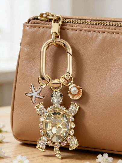 Creative Pendants Featuring Starfish And Seashells, Ocean-Inspired Zinc Alloy Keyring, With Rhinestones In The Shape Of A Lucky Turtle; Lightweight, Luxurious, Earphone Case Decoration,Ideal For Valentine's Day, Mother's Day, Father's Day, Independence Day, Beach Lovers, Cute & Durable Keychain For Bags, Car Accessories, Gifts For Friends & Family, Rhinestone Sea Animal Pendant