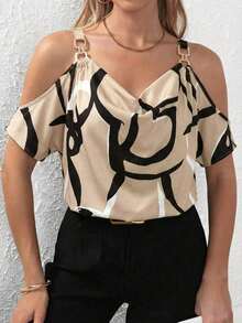 Clasi Blusa con estampado total, detalle de cadena en los hombros descubiertos, parte superior con hombros descubiertos - Caqui - Ver 5