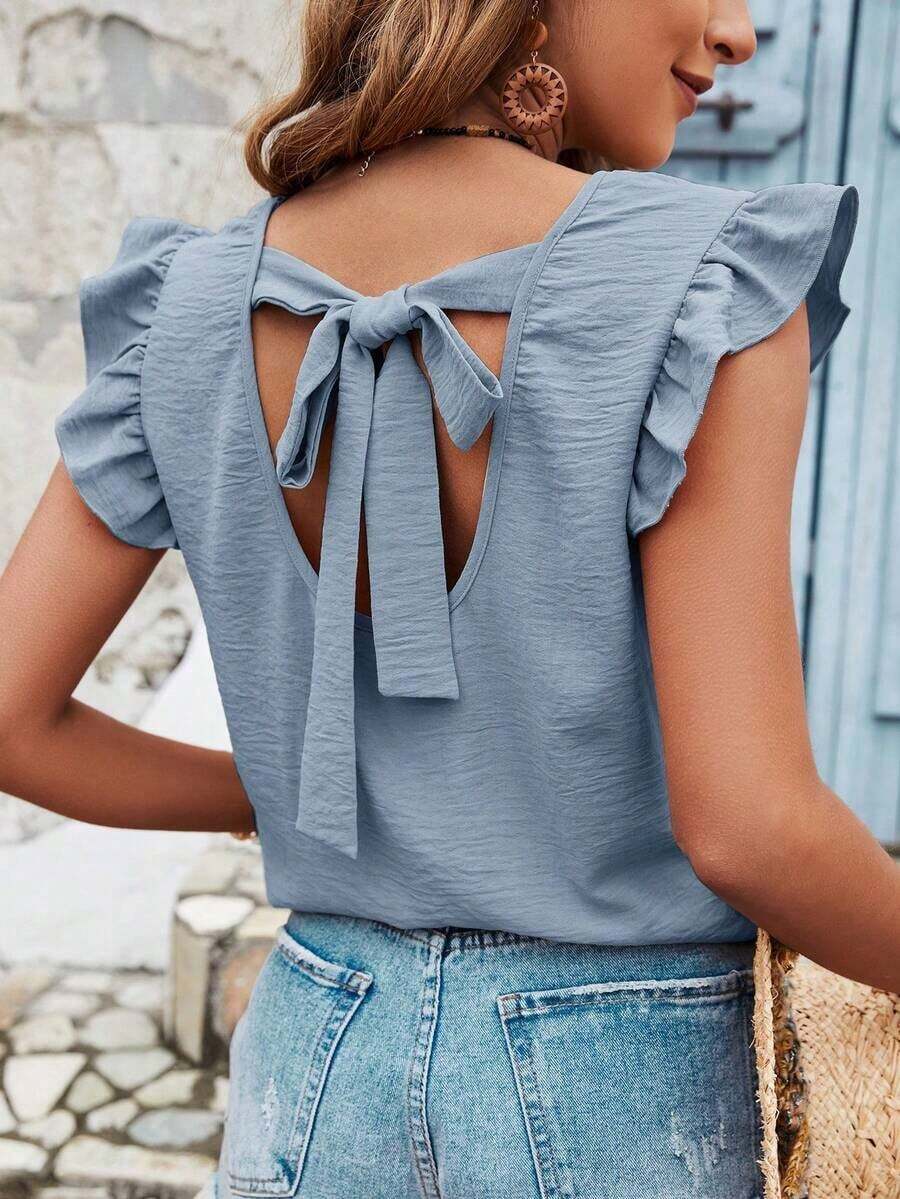 Blusa de verano para mujer con espalda cruzada, volantes y color sólido - Niebla azul - Ver 1