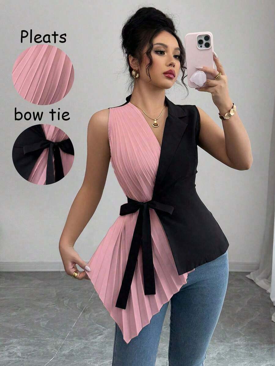 Camisa de verano casual regular plisada tejida para mujer - Rosa - Ver 1