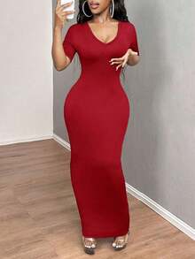 Vestido ajustado corto de manga corta con cuello en V liso para baile de graduación - Burdeos - Ver 8