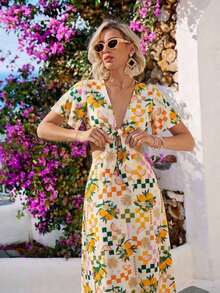 Vestido largo estilo maxi para verano con escote en V profundo, cierre delantero, abertura en la cintura y bajo con abertura - amarillo ganso - Ver 8