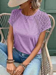 Elegante Camiseta Ajustada Con Patchwork De Encaje Y Manga Corta - Morado - Ver 5