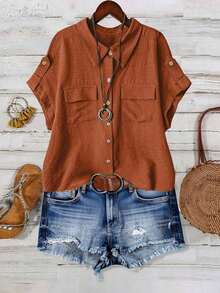 Camisa casual de moda cómoda para mujer de talla grande, de unicolor, con cierre de botones completo, cuello de solapa, manga corta y bolsillos dobles - Naranja - Ver 4