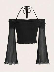 Top crop unicolor de cuello halter de manga con volante - Negro - Ver 5