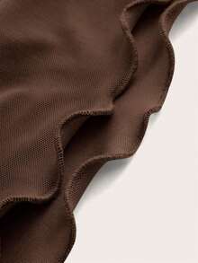 Top unicolor de cuello halter ribete en forma de lechuga manga de campana de malla - Café integral - Ver 3