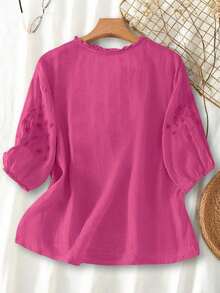 Blusa ligera y holgada de viscosa con bordado retro para mujer, para primavera y verano, casual, estilo campestre, tops de verano - Rosa Fucsia - Ver 2