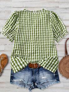 Blusa casual con cuello en V, volantes y mangas de pétalos acanalados para tallas grandes - Verde - Ver 2