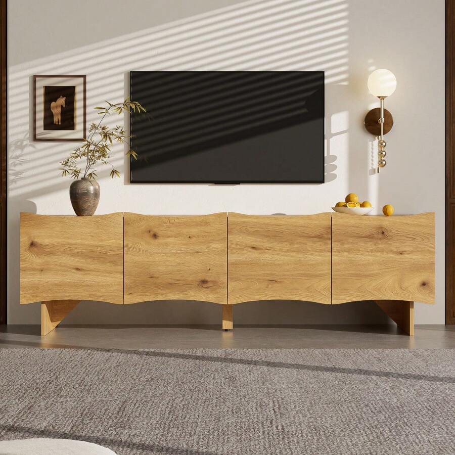 TV Cabinet With Wave Pattern / Modern Style TV Cabinet / 155 Cm Media Console With Storage Space / Four Doors And Cable Management In Wood Look / Easy To Assemble / Suitable For The Living Room - 自然色 - 查看 1