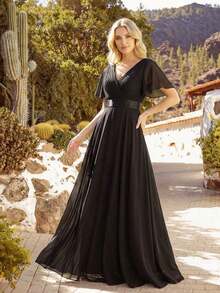 Vestido de dama de honor con cuello en V elegante, mangas con volantes y mariposa, color verde salvia, vestido de invitada de boda, vestido de primavera semi-formal para boda, fiesta de cumpleaños, graduación, Día de San Valentín - Negro - Ver 1