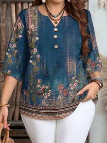 Camisa de mujer casual de cuello con muesca y manga 3/4 con estampado, para verano - Multicolor 3 - Ver 1