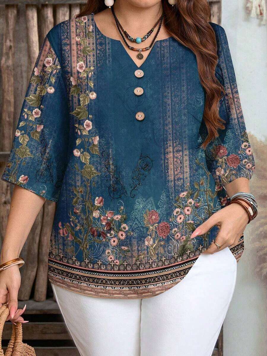 Camisa de mujer casual de cuello con muesca y manga 3/4 con estampado, para verano - Multicolor 3 - Ver 1