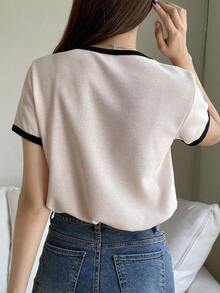 Camiseta casual de mujer de manga corta, simple y de moda para uso diario, ropa de vuelta a la escuela - Beis - Ver 7
