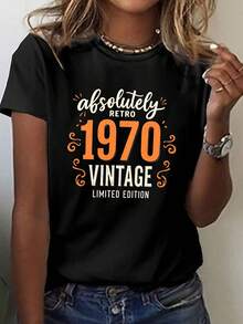 Camiseta estampada de edición limitada, absolutamente retro de los años 70, de manga corta y cuello redondo, estilo casual, adecuada para verano y primavera, ropa de mujer. - Negro - Ver 1