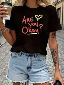 Camiseta Estampada "Are You Okay" para Mujer, Transpirable, Negra con Diseño de Corazón Amarillo, Cuello Redondo Casual, Manga Corta, Ligera, para Primavera, Verano y Otoño, Ropa de Verano, Camisetas para Hombre, Ropa Occidental para Hombre, Camisas para Hombre, Camisetas Gráficas, Ropa de Mujer, Tops de Verano, playeras de mujer algodon,  mujer premium - Negro - Ver 1