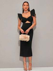 YHHSHEIN  Vestido girante delantero ribete con fruncido con abertura con abertura traseraYHH - Negro - Ver 4