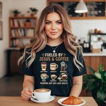 Camiseta "Impulsado por Jesús y Café" - Camiseta Gráfica de Fe Cristiana para Hombres y Mujeres, Regalo Inspirador para Amantes del Café, Camiseta Vintage de Manga Corta de Algodón Casual, Ropa Espiritual con Citas Bíblicas - Negro - Ver 3