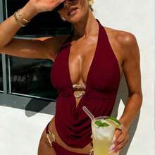 Bonvoyette Women's Deep V-Neck Black Casual Beach Vacation Top And Solid Color High-Cut Bikini Bottom 2-Piece Swimwear Set, Summer Yellow Two Piece Set Bikini Yellow Two Piece Swimsuit Zestiva Swimsuit Zante Holiday Outfit - Burdeos - Ver 1