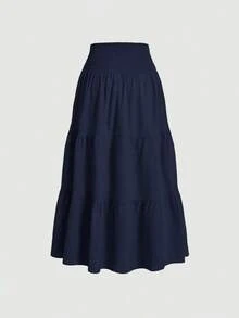 MOD Minimalist A-Line Skirt With Pleats And Drawstring In A Solid Color, For Casual Everyday Wear - Azul Marino - View 2