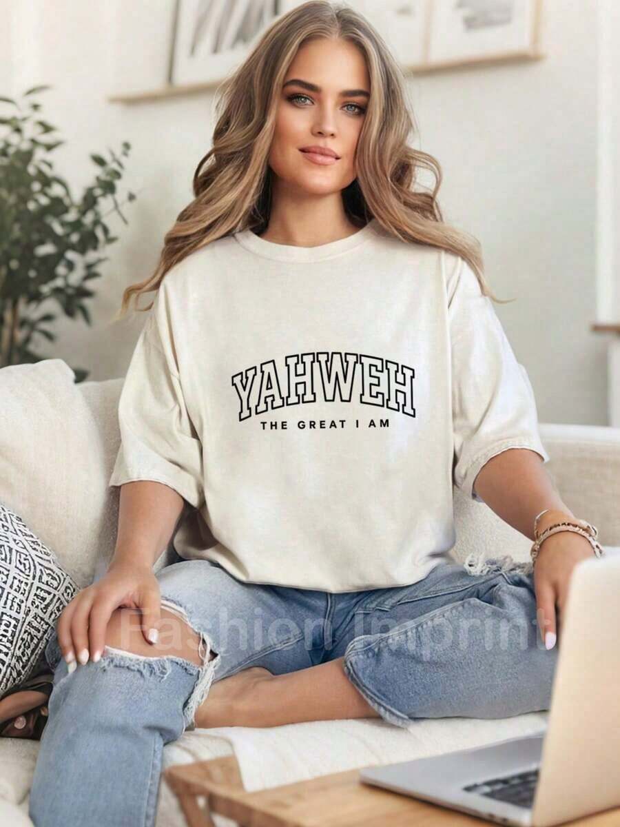 Estilo Oversize para Mujer, Camiseta de Algodón Grueso YAHWEH Christian, Camisa Holgada para Mujer, Perfecta para Fiestas o Regalos, Suave y Cómoda - Crema - Ver 1