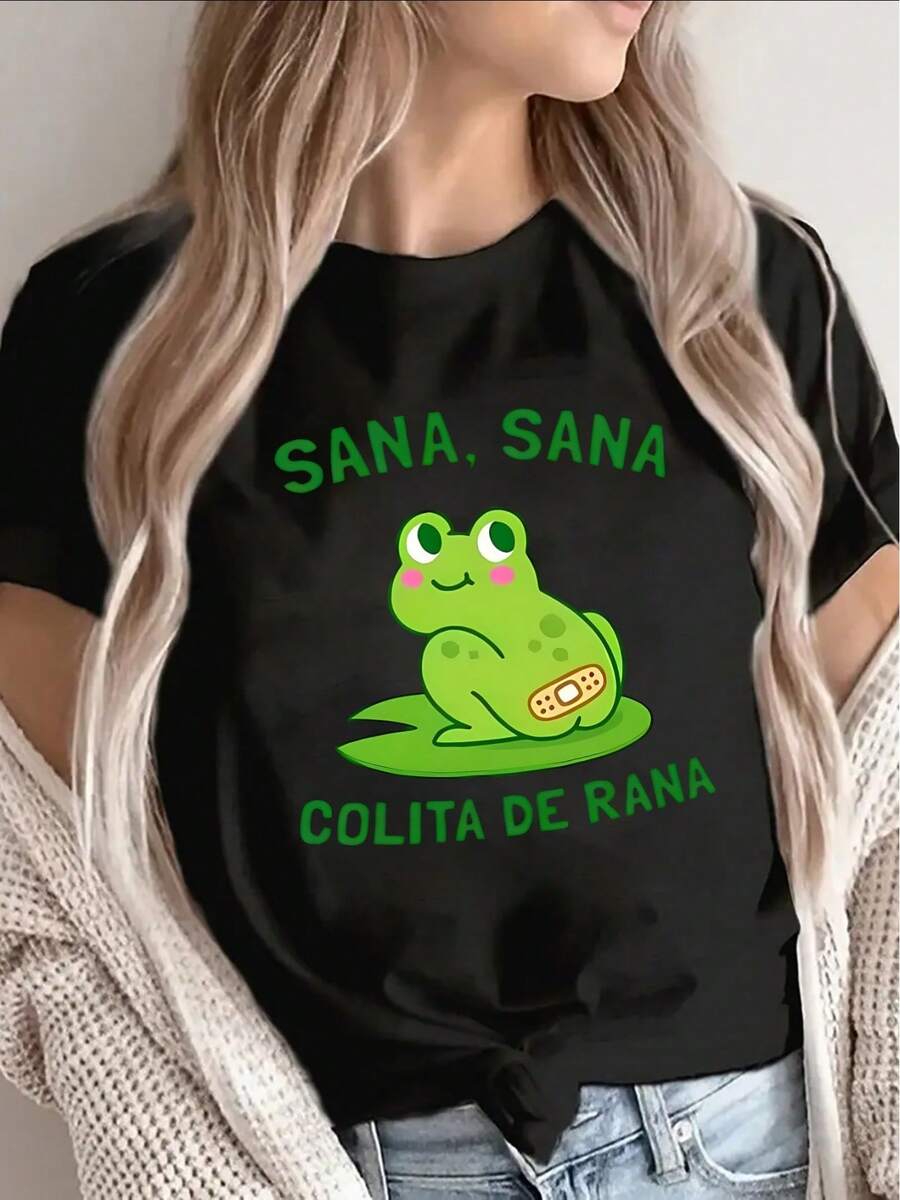 [Diseño divertido y cómodo] Playera de Manga Corta de con Diseño de Rana Sana Sana Colita de Rana, Ligera, Duradera, Uso Casual para el Hogar, Restaurante o al Aire Libre, Ajuste Cómodo, Divertido Estampado Gráfico, Perfecta para Actividades CotidianasDaily Casual Round Neck Short Sleeve-Shirt Women - Negro - Ver 1
