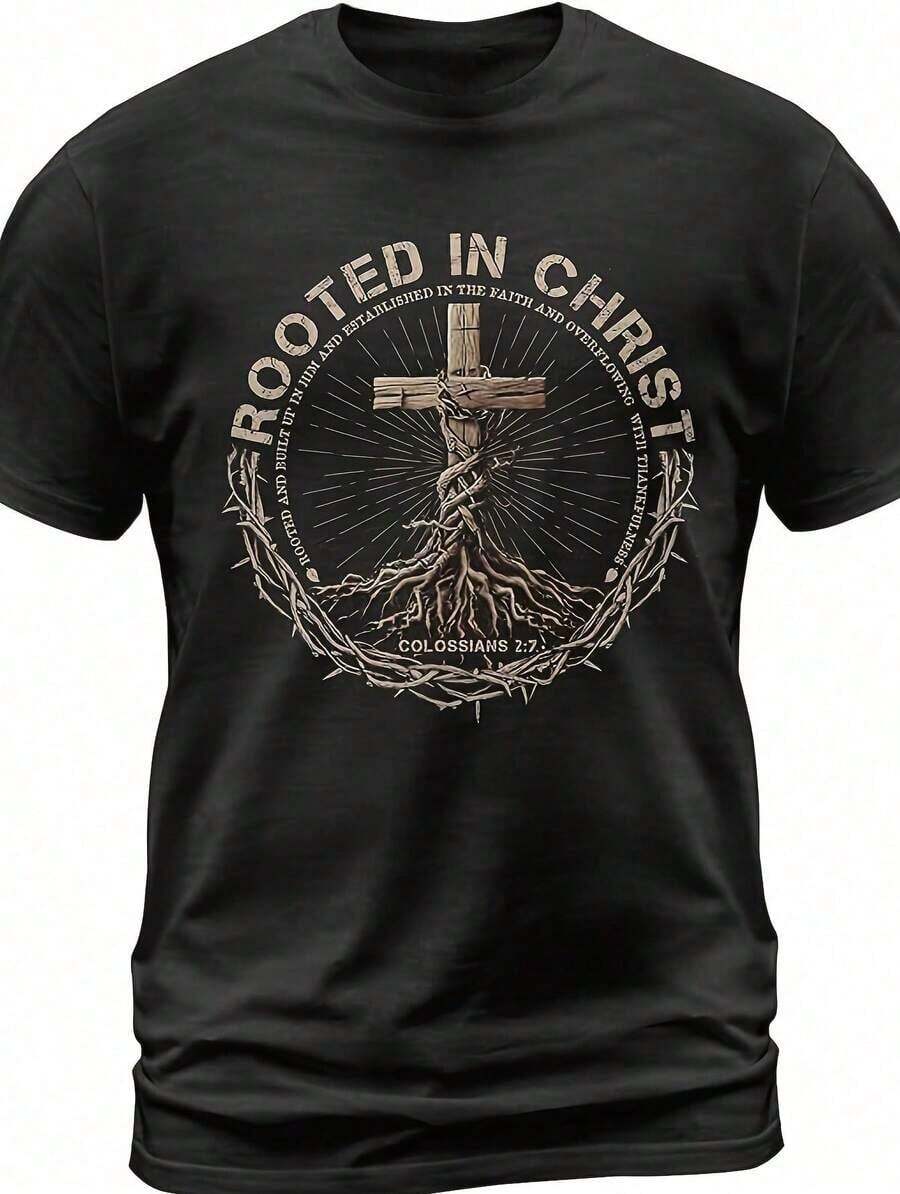 1 pieza de camiseta para hombre con estampado gráfico, cuello redondo y confeccionada en tela, perfecta para reuniones cristianas y lavable a máquina, playera de México. - Negro - Ver 1