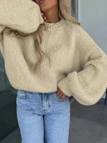 Suéter de punto corto de unicolor sin decoración, cuello redondo, manga abullonada holgada, otoño - Caqui - Ver 5