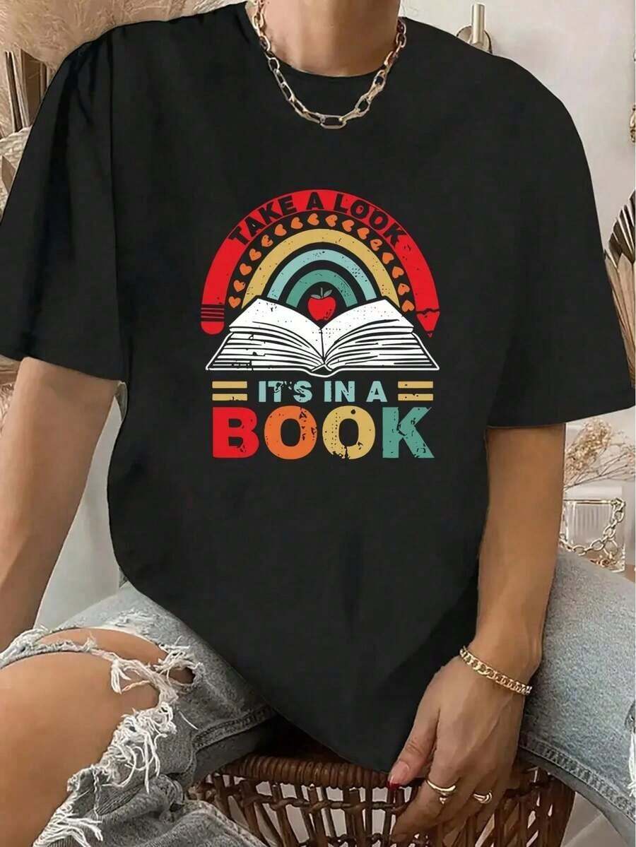 Women's Summer Casual Loose Fit Basic T-Shirt For Everyday Wear. Deer Chives Directional Is A Short-Sleeved, Crew-Neck T-Shirt, A Vintage-Style Casual Print Top For Women. Suitable For Spring, Summer, And Autumn. - 黑色 - 查看 1