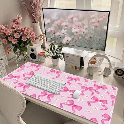 Pink Bow Daisy Pattern Mouse Pad | Cute Soft Floral Style Office Desk Mat, Elegant Desktop Decor, Retro Desk Accessory, Feminine Gaming Mouse Pad, Chinese Blue Floral Bow Mouse Pad