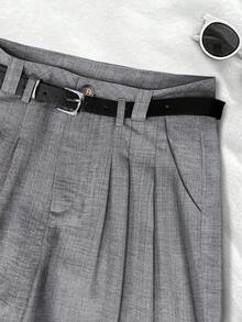 Pantalones anchos casuales y sueltos para mujer con bolsillos, decoración de cinturón en la cintura, diseñados para mujeres, adecuados para negocios, oficina, uniforme de maestro, uso casual versátil de moda, pantalones anchos para ir y venir, aptos para primavera, verano y otoño - Gris - Ver 3