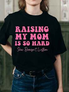 Regalo 1 pieza: Camiseta para el Día de la Madre con Estampado Divertido "Creciendo con Mi Mamá", Cuello Redondo, Camiseta Casual de Algodón, Tejido de Punto de Elasticidad Media, Corte Regular para Mujeres, para Primavera/Verano/Otoño, Día de la Madre/Día del Aprecio a la Madre/Celebración Familiar, Suave. - Negro - Ver 1