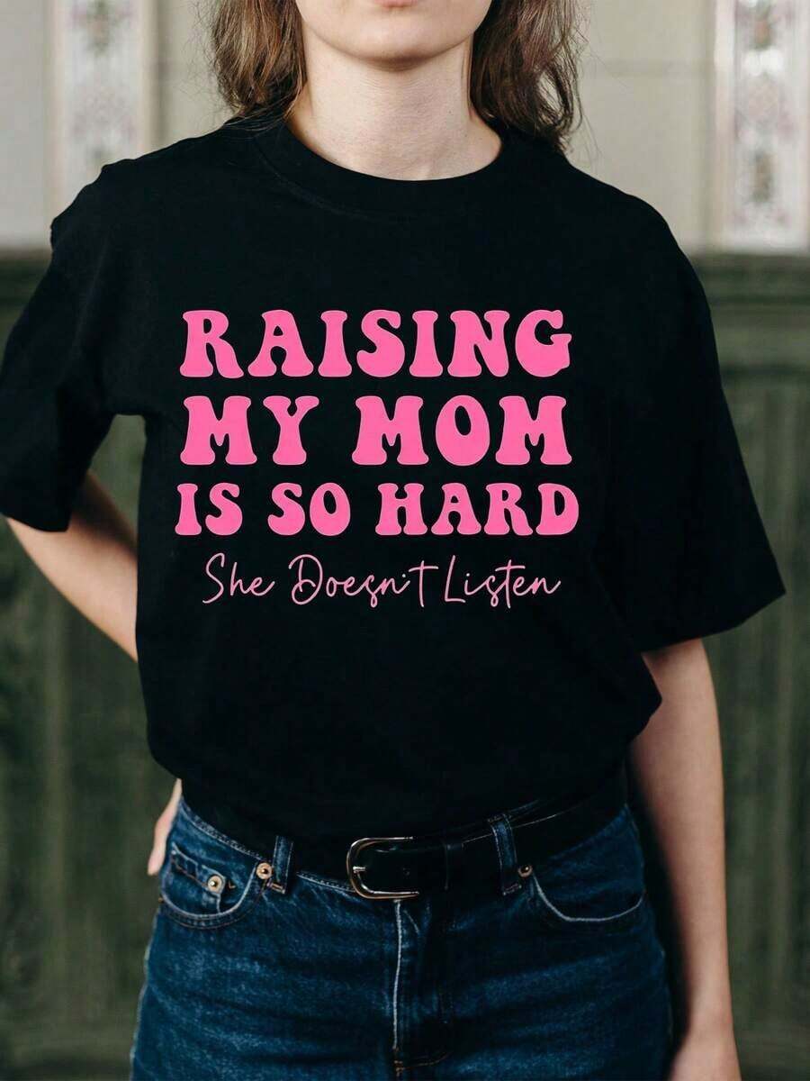 Regalo 1 pieza: Camiseta para el Día de la Madre con Estampado Divertido "Creciendo con Mi Mamá", Cuello Redondo, Camiseta Casual de Algodón, Tejido de Punto de Elasticidad Media, Corte Regular para Mujeres, para Primavera/Verano/Otoño, Día de la Madre/Día del Aprecio a la Madre/Celebración Familiar, Suave. - Negro - Ver 1