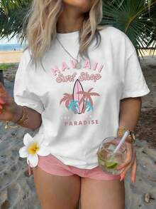 Camiseta de manga corta con cuello redondo para mujer, ideal para vacaciones de verano, 100% lavable a máquina y fácil de cuidar, con estampado casual de letras y diseño tropical de tienda de surf hawaiana, nueva camiseta de verano 2026, adecuada para viajes y uso diario. - Negro - Ver 8