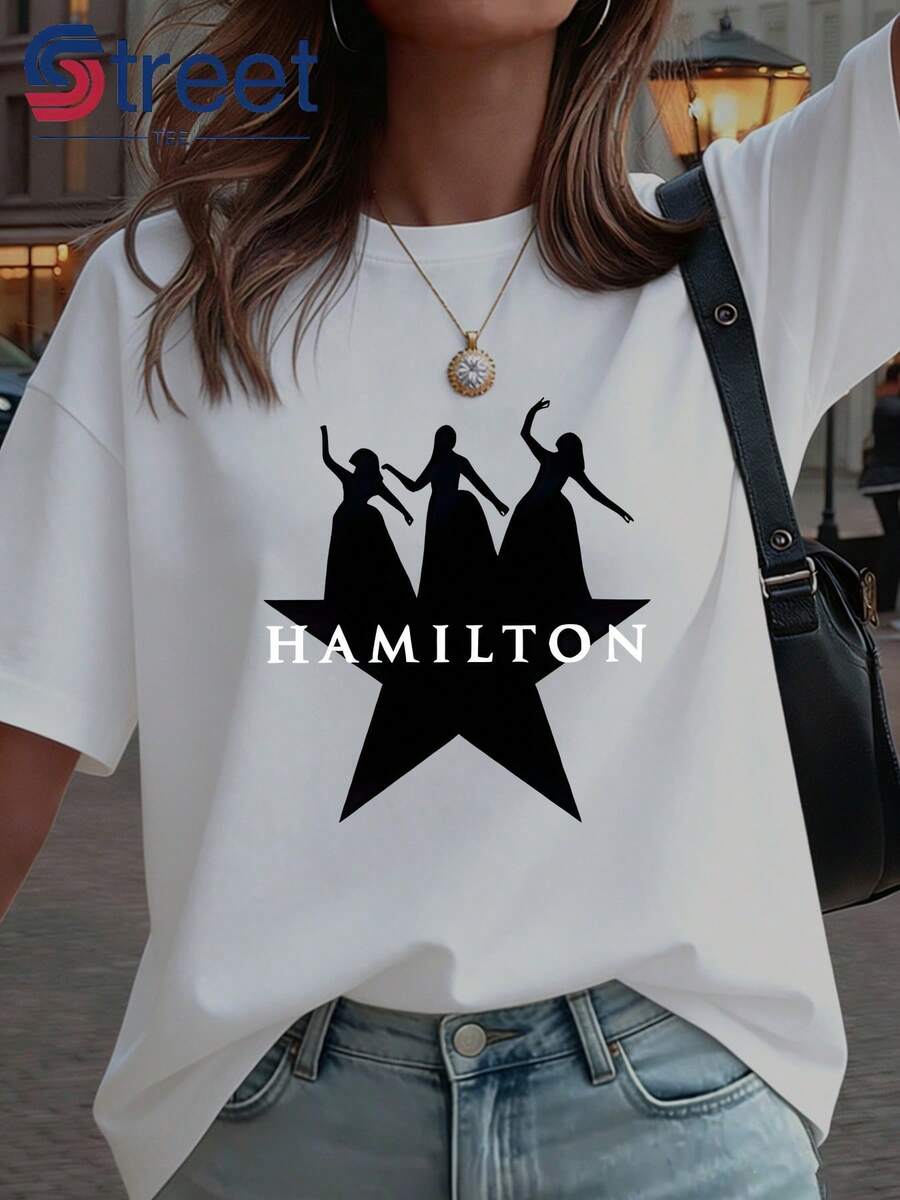 Women's Short-Sleeved T-Shirt, Y2K Style, Casual, For Summer Vacation, Spring/Summer Fashion, Sexy, Sweet, Slimming, Hamilton Musical Themed. Niche Culture Style, Casual, Short-Sleeved, Simple, Classic, Versatile, Elegant, Essential For Summer Parties. - 白色 - 查看 1