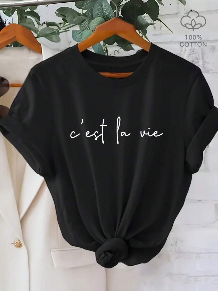 Women's Lightweight Casual T-Shirt - Simple Cursive Print "C'est La Vie", Black Text On White Background, Short Sleeves, Round Neck, Machine Washable, Suitable For Spring And Summer, Women's T-Shirt, Loose Fit, Non-See-Through Fabric, Everyday Casual Wear. - 黑色 - 查看 1