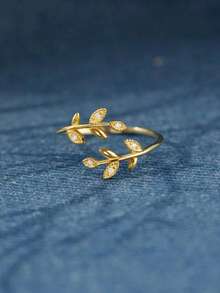 1pc Elegant Leaf-Shaped Cubic Zirconia Ring, Suitable For Teenage Girls As Birthday Gift, Party Accessory Or Daily Decoration - Gold - View 6