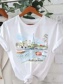 Women's Lightweight T-Shirt With Paris Seine River Cruise And Eiffel Tower Print - French Style Seine River Cruise Design, Breathable Short Sleeve Crew Neck Top, Casual Spring/Summer Style, Ideal As A Paris Travel Gift. - 白色 - 查看 1