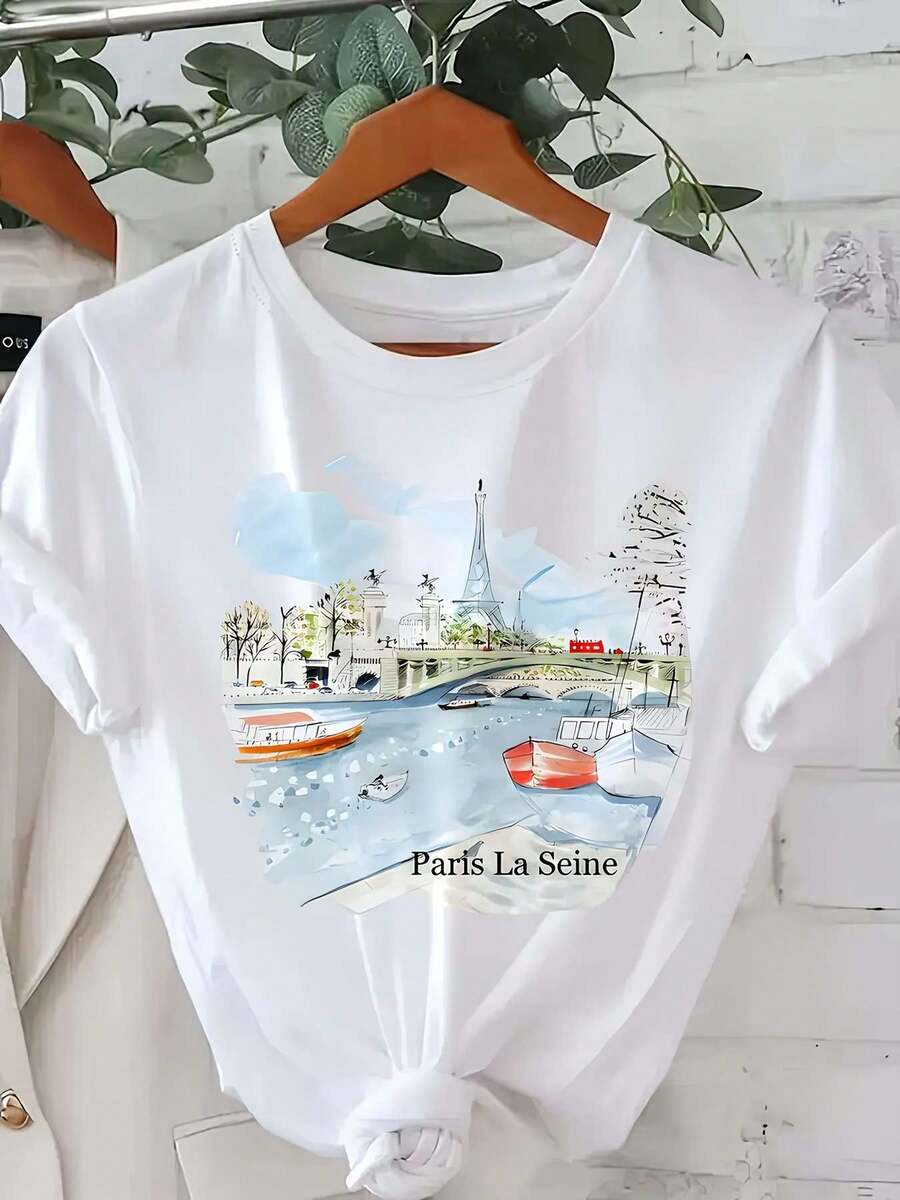 Women's Lightweight T-Shirt With Paris Seine River Cruise And Eiffel Tower Print - French Style Seine River Cruise Design, Breathable Short Sleeve Crew Neck Top, Casual Spring/Summer Style, Ideal As A Paris Travel Gift. - 白色 - 查看 1