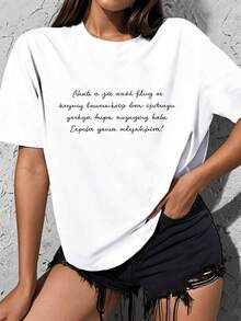 Women's Winter Clothing, Lightweight And Breathable, One-Piece Loose Fit - Loose Fit, Suitable For Daily Wear And Casual Activities, Black Letter Print T-Shirt, Feminine Style, Round Neck, Short Sleeves, Casual Fashion Top, Fun Design, Elegant Party Wear, Holiday Gift, Everyday Wear, Loungewear, Matching Sets For Spring And Autumn. - 白色 - 查看 1