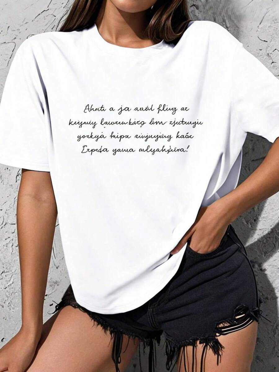 Women's Winter Clothing, Lightweight And Breathable, One-Piece Loose Fit - Loose Fit, Suitable For Daily Wear And Casual Activities, Black Letter Print T-Shirt, Feminine Style, Round Neck, Short Sleeves, Casual Fashion Top, Fun Design, Elegant Party Wear, Holiday Gift, Everyday Wear, Loungewear, Matching Sets For Spring And Autumn. - 白色 - 查看 1