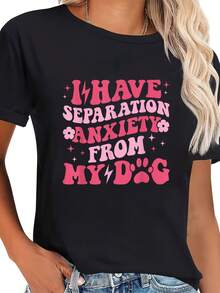 Camiseta cómoda y divertida con el estampado "Tengo ansiedad por separación con mi perro" - Regalo para amantes de mascotas, camiseta unisex de manga corta casual con diseño de huellas de pata y hueso, letras rosas y blancas, ropa lavable a máquina para dueños de perros, adecuada para hombres y mujeres, camiseta negra con estampados de pata rosa y blanca, corte regular, cuello redondo, camiseta divertida para dueños de perros, adecuada para todas las estaciones, corte holgado, sin cinturón, estilo pullover, regalo con temática de mascotas, ropa suave y relajada para el hogar. - Negro - Ver 6