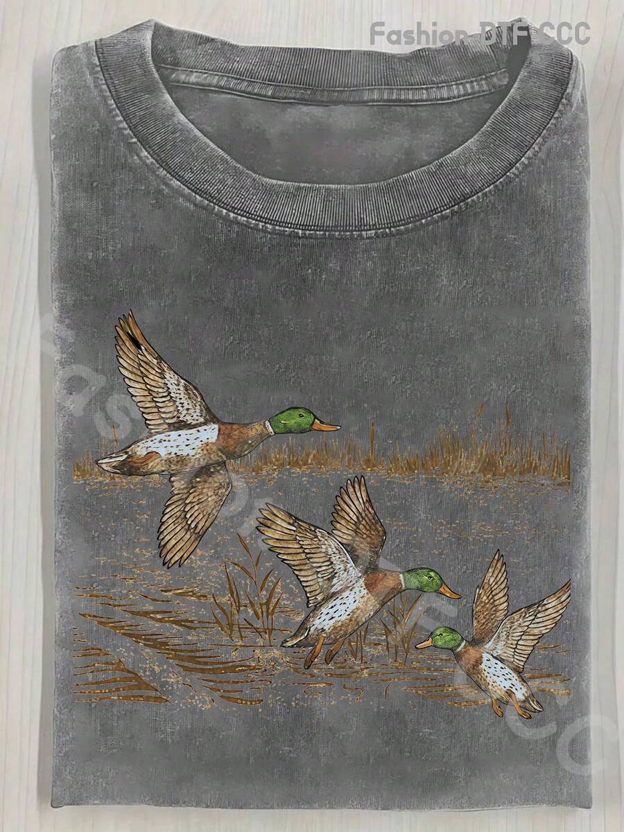 100% Cotton Washed T-Shirt 230G, Vintage Urban Style For Men And Women, Loose Fit, Soft, Breathable, With A Unique Design Of Wild Ducks Taking Off From The Water, Modern And Fashionable, Casual Short Sleeve Round Neck, Ideal For Travel And As A Gift. - 水洗棉灰 - 查看 1