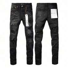 New Hot Purple American Style Men Jeans High Street  Slim Fit Stretch Black Ripped Skinny Pants Fashionable - 黑色 - 查看 1