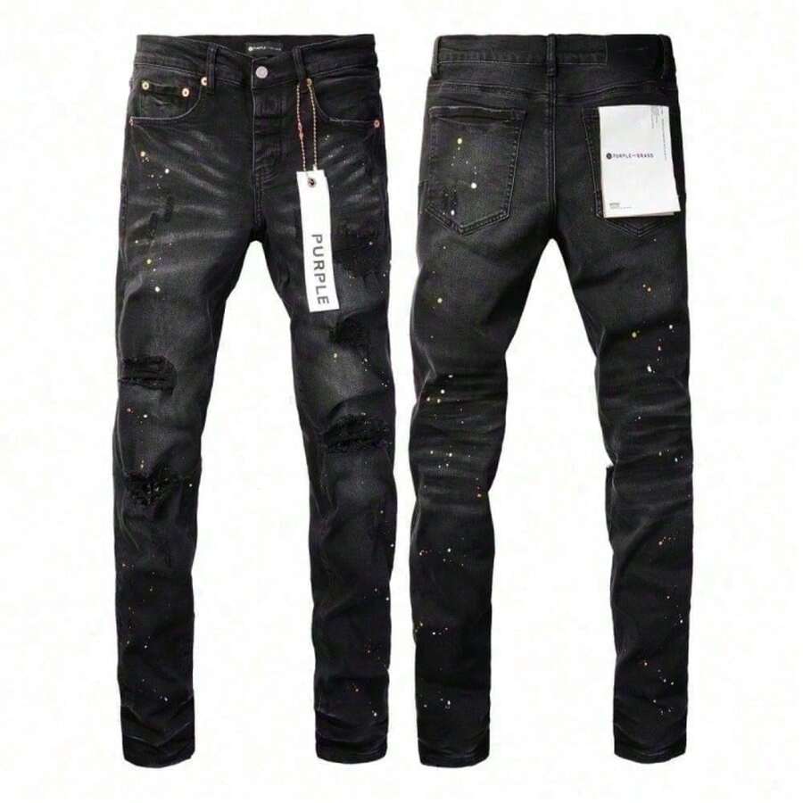 New Hot Purple American Style Men Jeans High Street Slim Fit Stretch Black Ripped Skinny Pants Fashionable - 黑色 - 查看 1