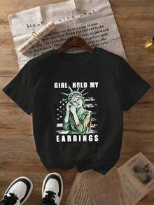 Una camiseta de mujer de manga corta, holgada, moderna, a la moda, retro y elegante, adecuada para actividades al aire libre en primavera y verano, con divertidos estampados, un top casual de cuello redondo para verano y primavera, camiseta de mujer.blusas para mujer,blusas casuales para dama,tops,, mujer premium,y2k,playeras de mujer curvy,ofertas y liquidaciones ropa mujer,playeras deportivas para mujer,,playeras de hombre, mujer,blusas>elegante 57AQ - Negro - Ver 1